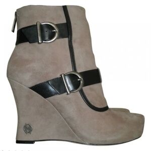 Women's Taupe Suede Wedge Ankle Boots with Black Strap Detail